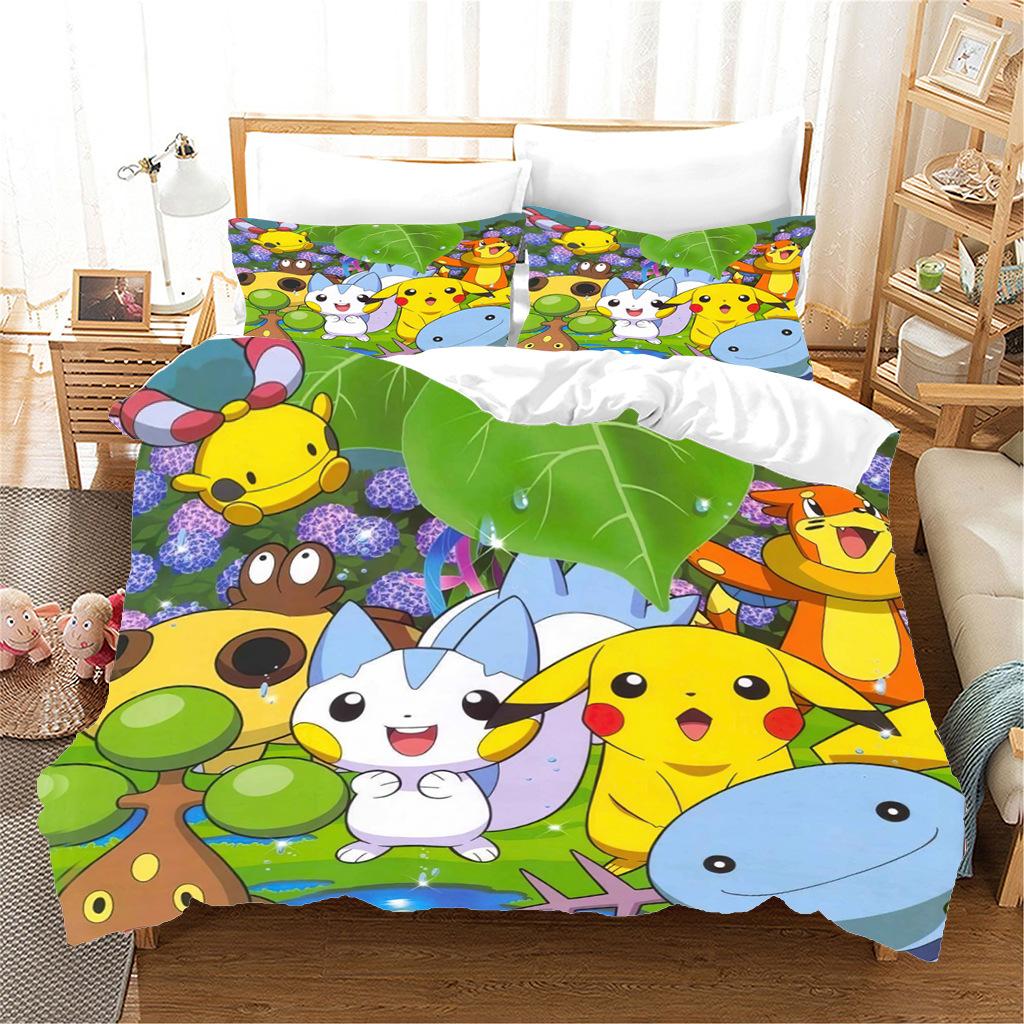 Anime P-Pokémon Printed Bedding Set New Ash Ketchum Pikachu Duvet Cover Comforter Pillowcase Boys Girls Children Adults King Gif