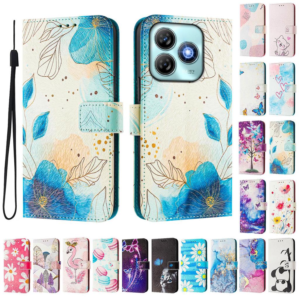 Blue Flower Luxury Painted Leather Case Wallet Book Style Cover for ZTE Blade A52,A53,A73,V50 Vita,V40S,V60,A35,A55,A75...