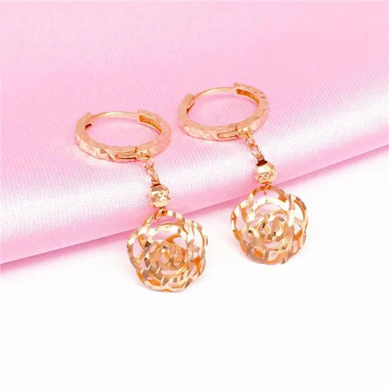Exquisite Pure Russian 585 Design Hollow-Plated Rose Earrings, Beautiful Women'S Shiny Gold Earrings
