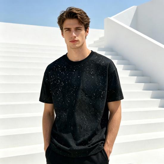 Men Stylish Shabby T-Shirt Loose Fit Casual Tee Sparkling Summer Tee Shirt for Party Holiday Street Wear