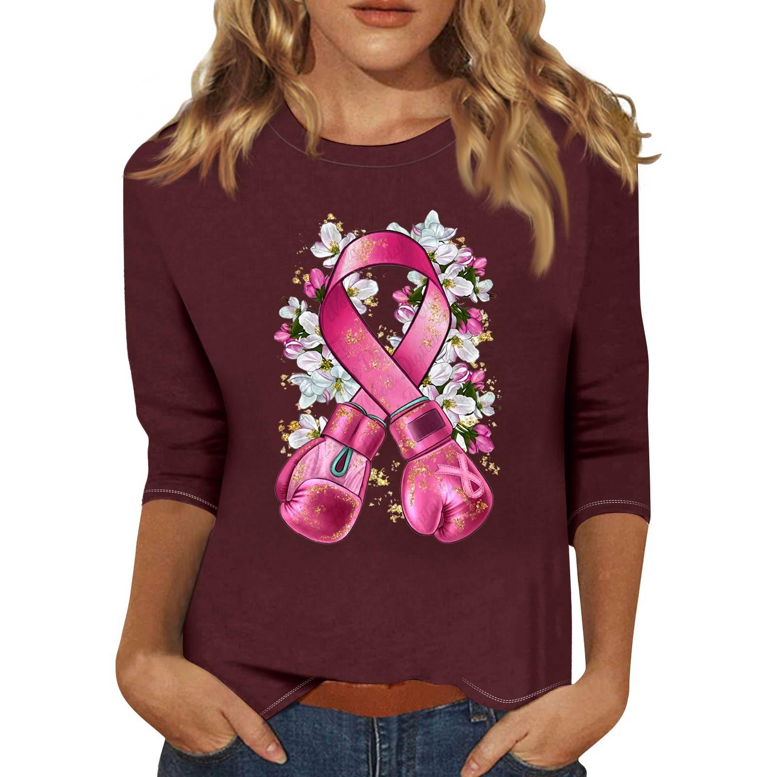 

Жіноча модна повсякденна футболка з принтом і круглим вирізом з рукавами сім чвертей S винний