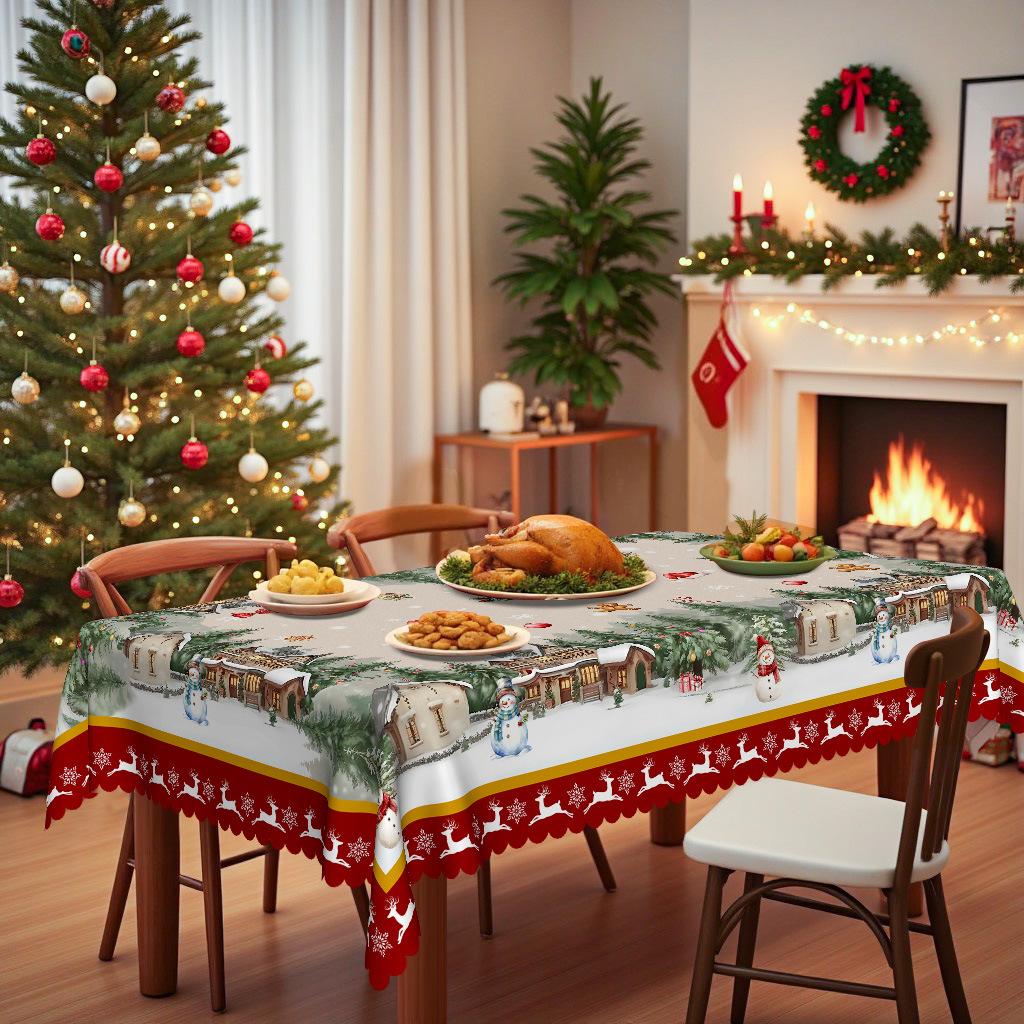 Weihnachtstischdecke, Schneehütte Cartoonmuster Wasserdichte Esstischdecke, Couchtischdecke Stoff