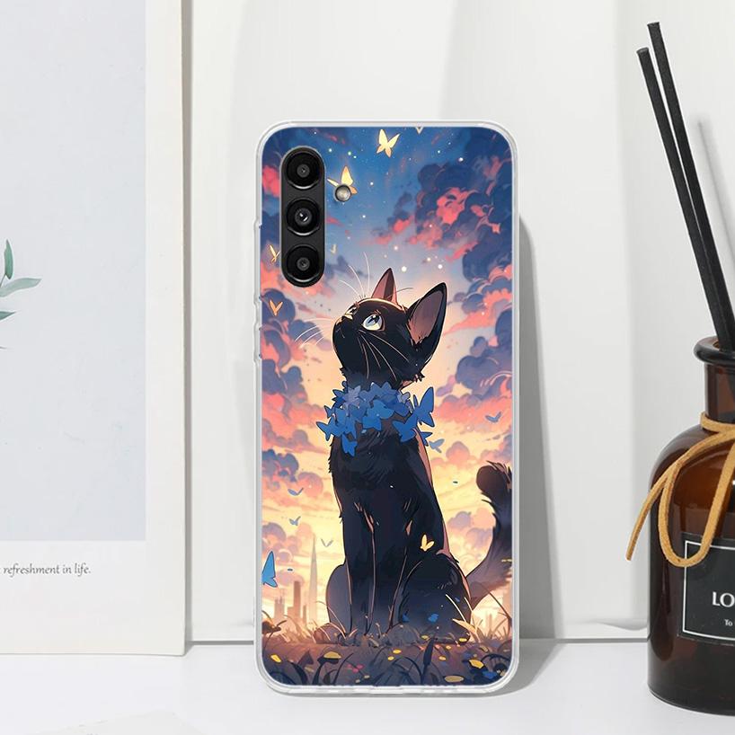 Anime Cute Black Cat Meow Phone Case For Samsung Galaxy A17 A37 A57 A16 A26 A36 A56 A15 A25 A35 A55 A14 A24 A34 A54 A13 A23 A33