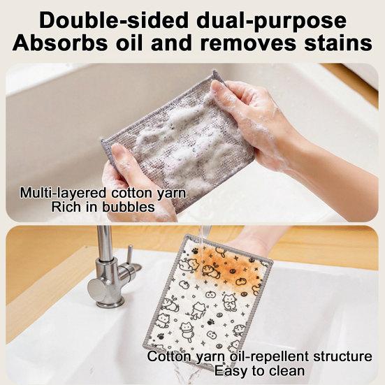 huaqianguhh 5Pcs Cleaning Rags, Double-Sided Cartoon Cotton Gauze Steel Wire Scrubber for Kitchen Oil Stains, Non-Scratch Dish Clothes Pots Pans