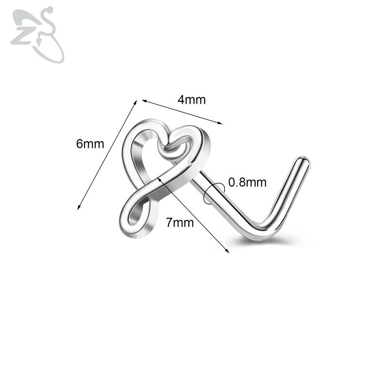 ZS 1 Piece Cute CZ Crystal Nose Stud L-Shape 20g Stainless Steel Nose Piercings Flower Moon Heart Shape Zircon Nostril Piercing