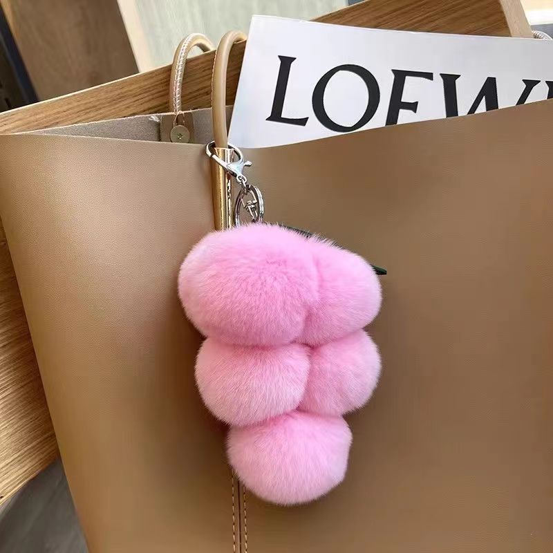 Cute Grape Poms Bag Chain Keychains Fluffy Pompoms Pendant Rex Rabbit Fur Pompoms Keyring Backpack Bag Accessories