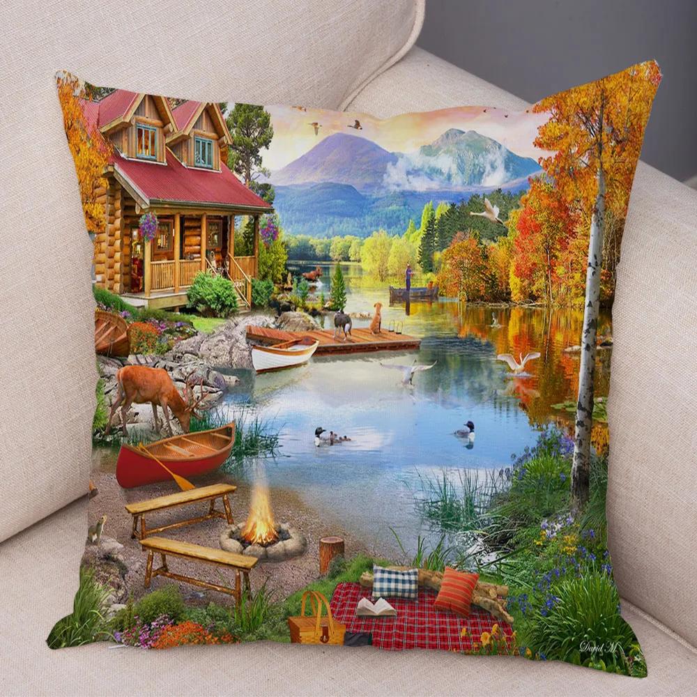 

Винтажный красочный стиль, наволочка с изображением кокосовой пальмы, деревенский дом, пейзаж, диван, автомобиль, офисная подушка, домашний декор 45x45cm