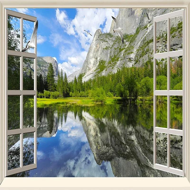 Classic 3d Murals Window Lake Mountain Nature Scenery Photo Wallpapers Living Room Bedroom Sofa 3d Wall Mural Decor