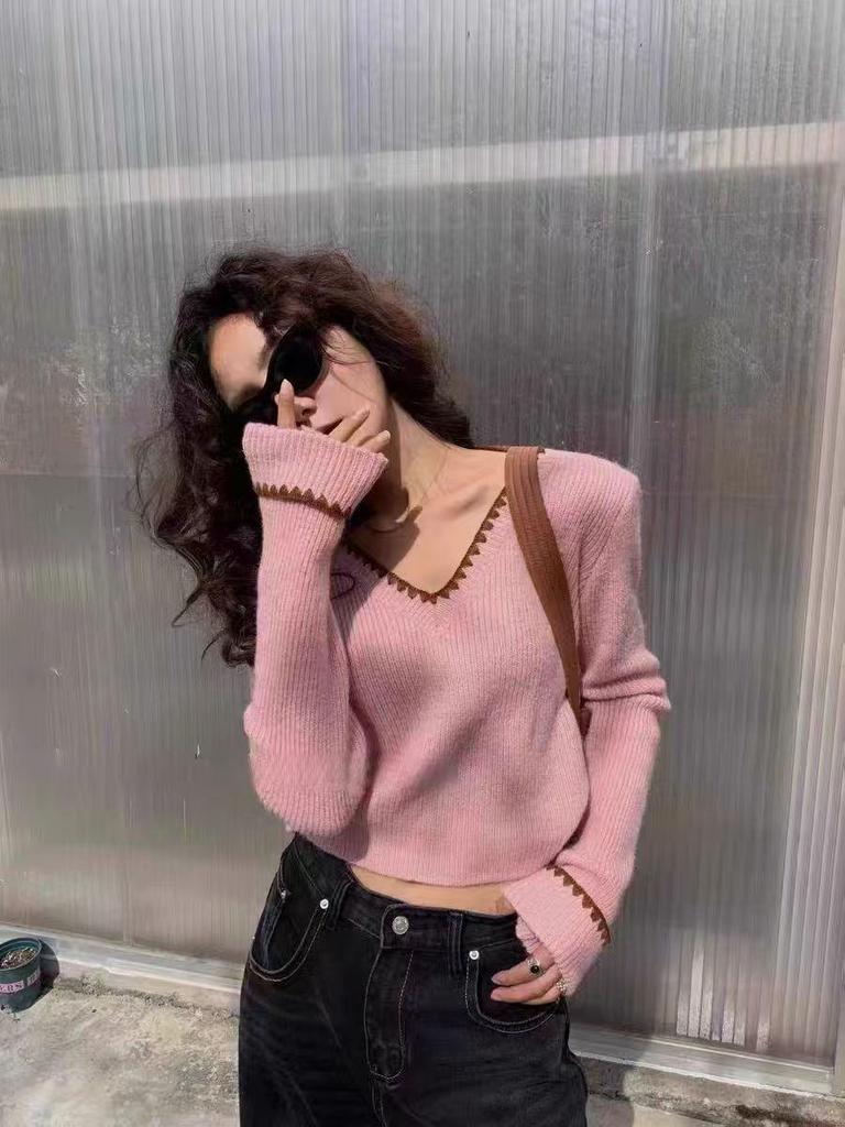 French Retro V-Neck Color Block Ribbed Knit Sweater for Women - Autumn Winter Trendy Slim Fit Pullover
