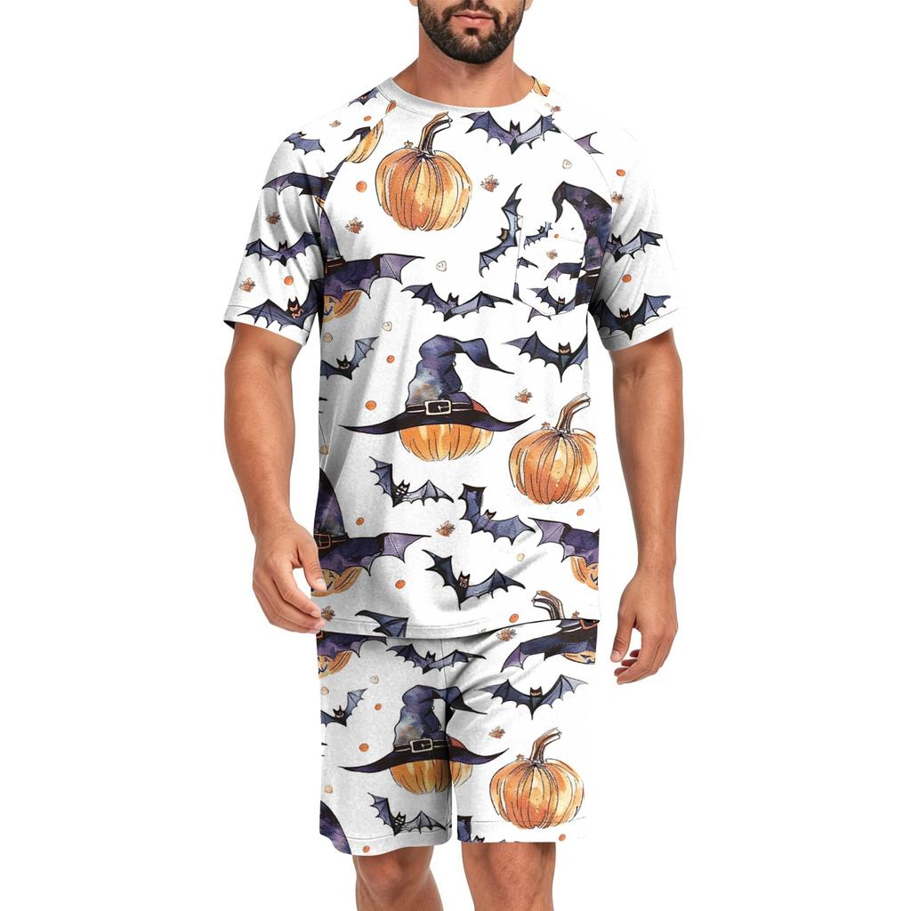 Men's Halloween Casual Pajama Set Short Sleeve Top and Shorts Comfortable Lightweight Sleepwear Set for Home Relaxation