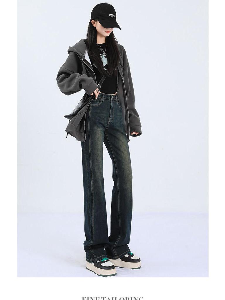 Women's 2025 Retro Blue Patchwork High-Waist Straight-Leg Jeans