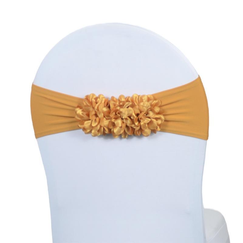 Faixa de Cadeira de Cetim Elástico em Várias Cores Design Elástico com Flor 3D Para Decoração de Casamento Banquete Festa Evento