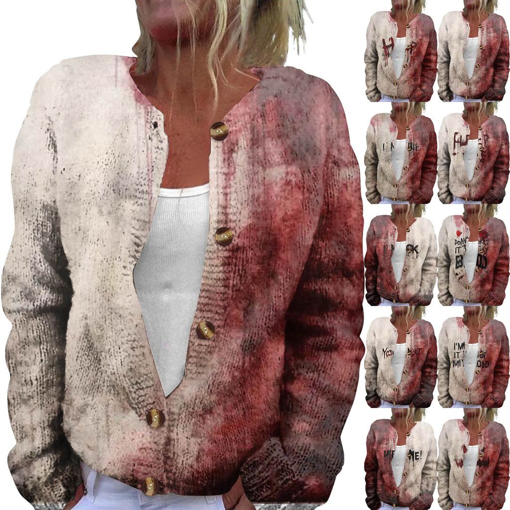 Women's Fashion Printed Long Sleeve Knitted Cardigan Button Down Jacket