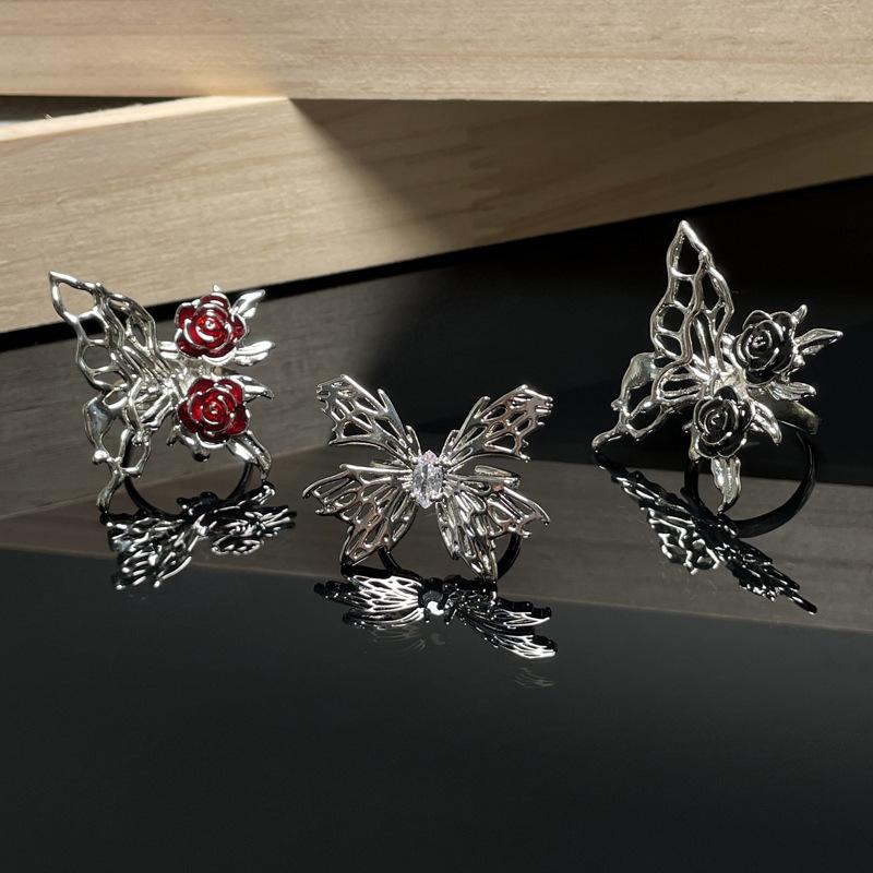 Niche Design Enamel Dripping Rose Open Ring Liquid Butterfly Sweet Cool Hollow Personalized Ring