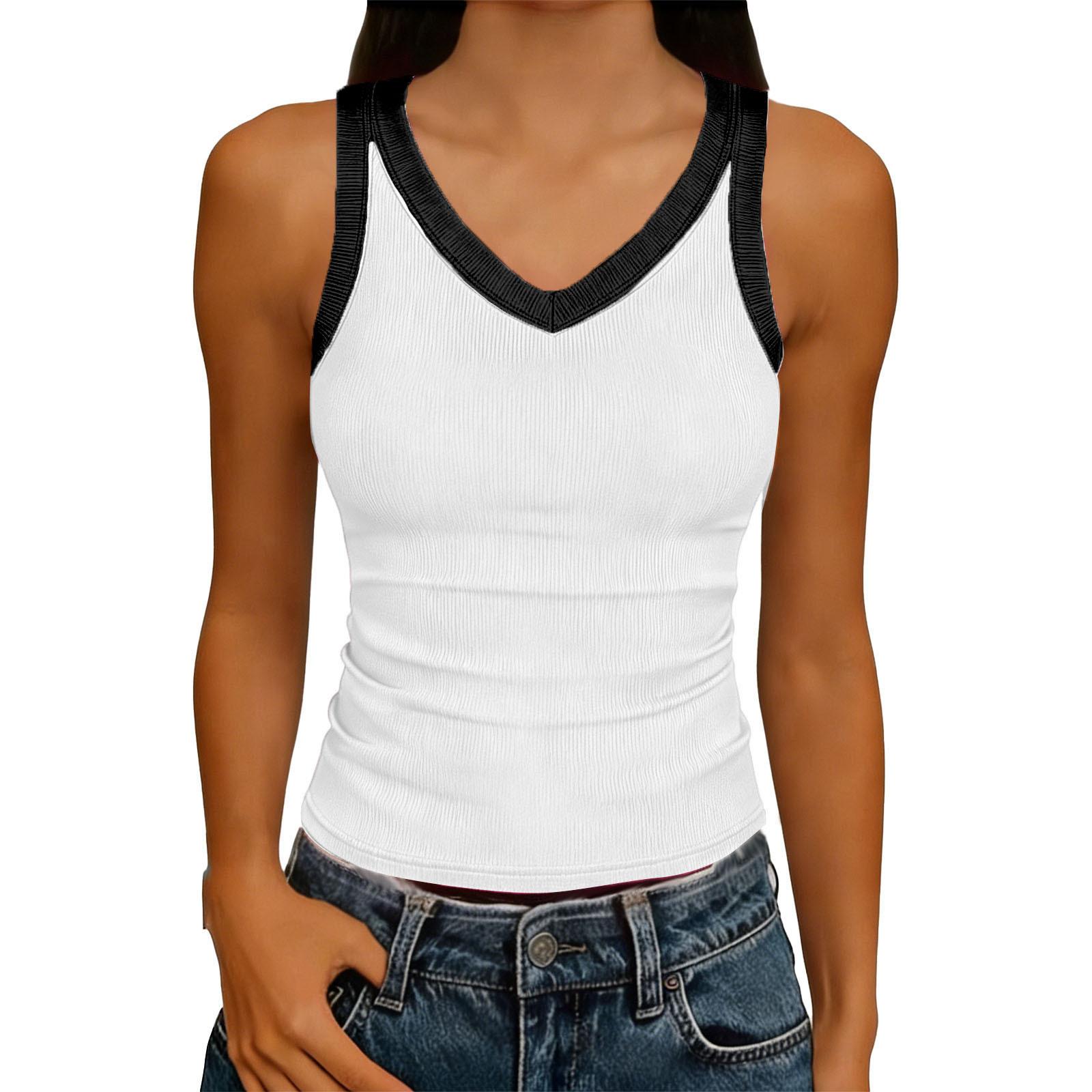 

Sleeveless Ribbed Knit V Neck Tank Top for Women Trim Fitted Stretch Pullover Lightweight Casual Shirt XL білий