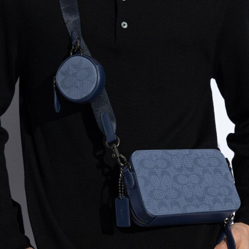 Coach Charter 19 Brand Full Print Pattern Zipper Closure Exquisite Calfskin Crossbody Shoulder Bag Small Men Bags Blue CU207-D61