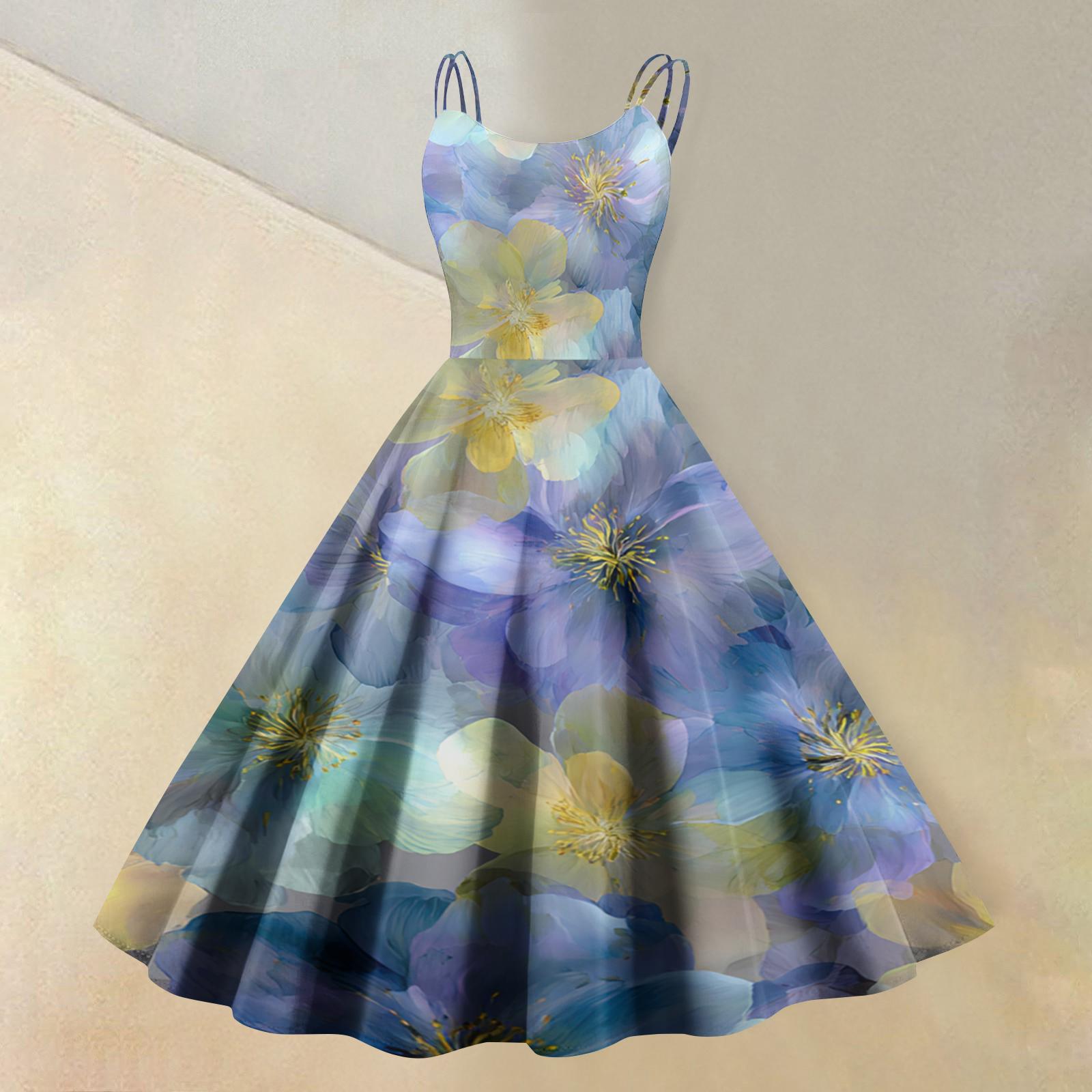 

Women s fashionable casual floral print round neck sleeveless dress XL жовтий