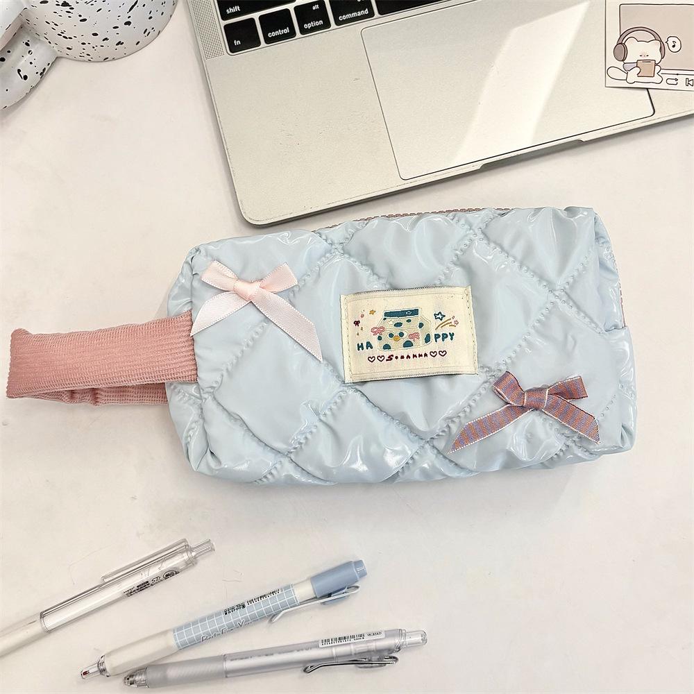 Ins Korean Style Large Capacity Cosmetic Bags Glossy Bow Cute Makeup Bag for Girls Students Tote Waterproof Pencil Case