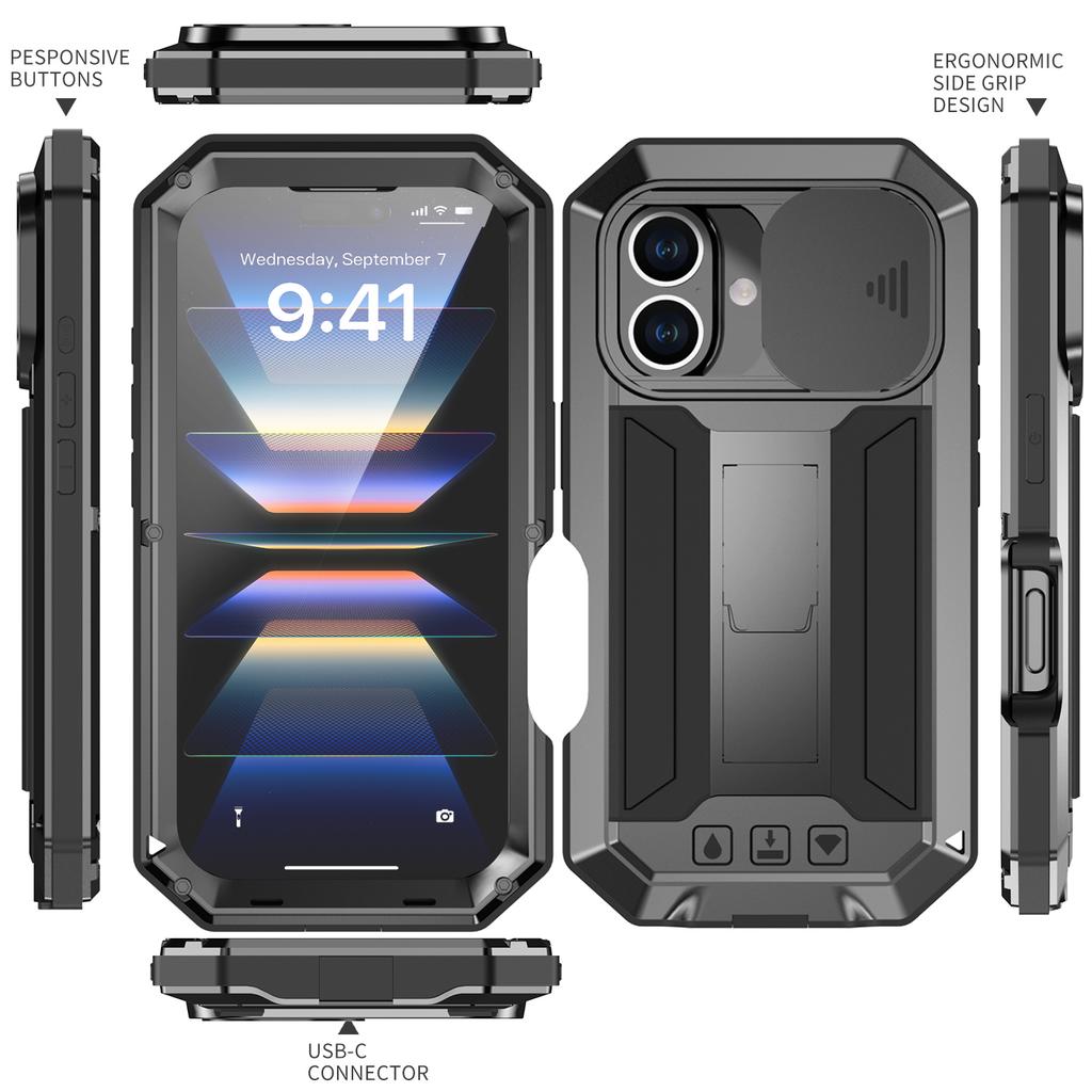 Für iPhone 16 Pro Max iPhone 16 Plus Pro Militärqualität Vollständige robuste Hülle mit integriertem Ständer und Schiebefach für die Kamera