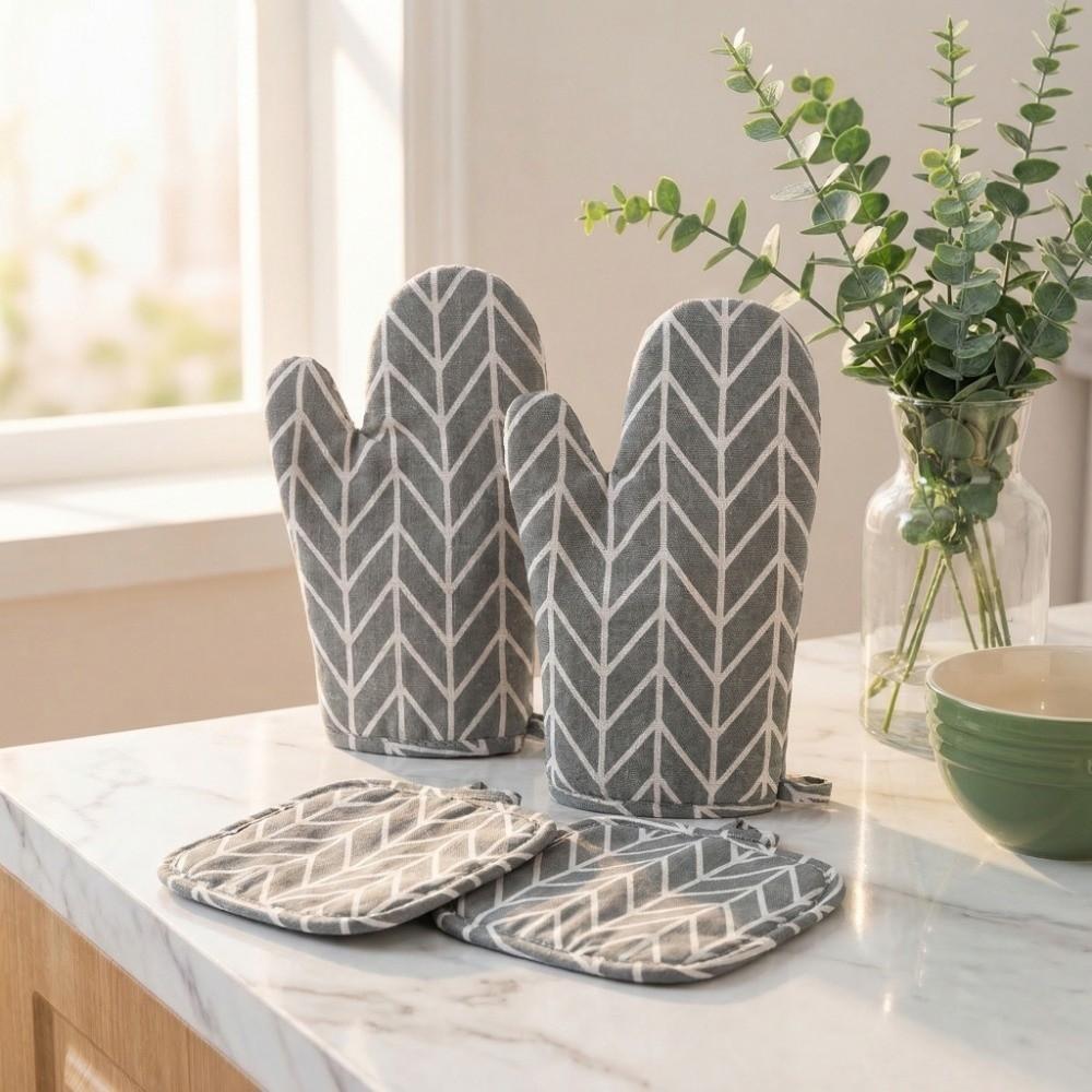 4-teiliges Baumwoll-Leinen-Ofenhandschuh-Set, Verbrühschutz-Ofenhandschuhe und Topfhalter, für die Küche