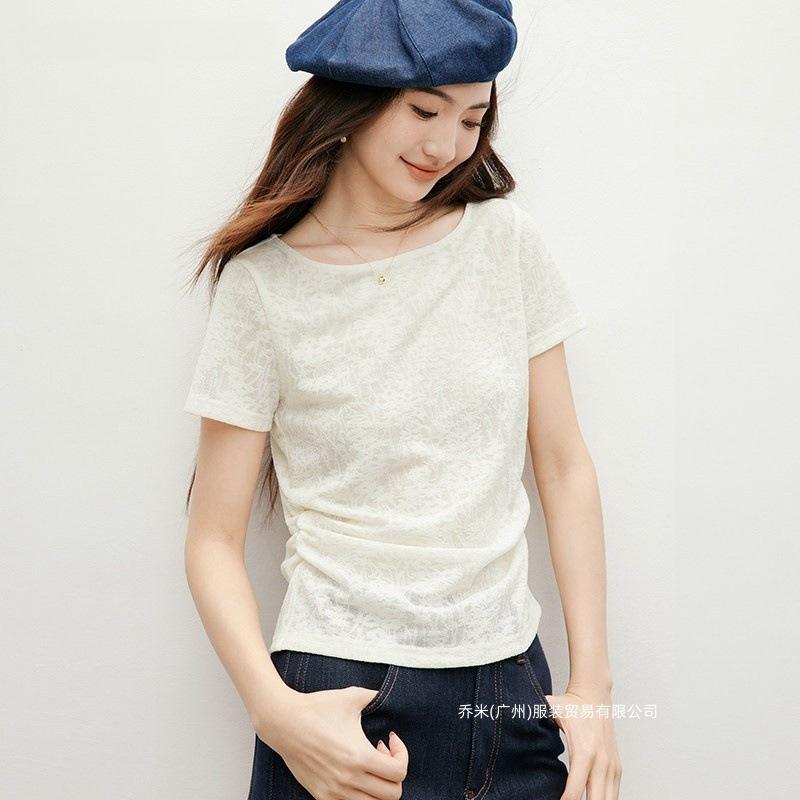 Jacquard wrinkled T-shirt spring and summer new women's clothing waist front shoulder one-word collar soft waxy texture top