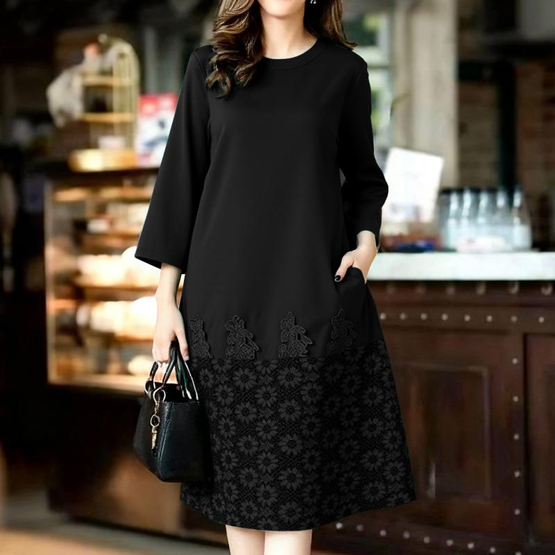 

ZANZEA Жіноча повсякденна сукня з круглим вирізом, рукавом 3/4 та мереживними вставками L чорний