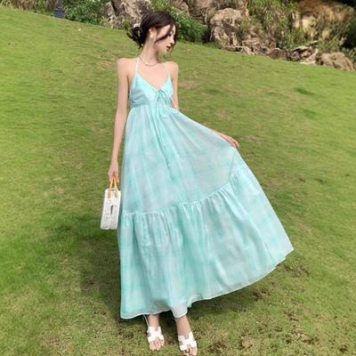 Sanya Beach Vacation Dress Women's Blue Vacation Dress Seaside Beach Suspender Dress Sexy Backless Dress Summer