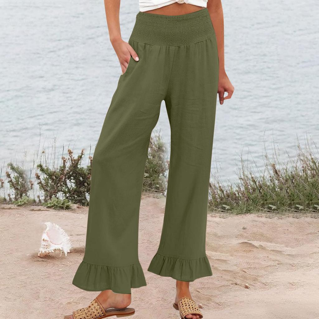 Women's Elastic Belt Pocket Linen Pants Pleated Paper Bag High Waist Ruffled Hem Wide Leg Trousers