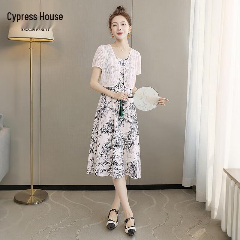 Women s Elegant Ink Bamboo Print Two-Piece Summer Set S