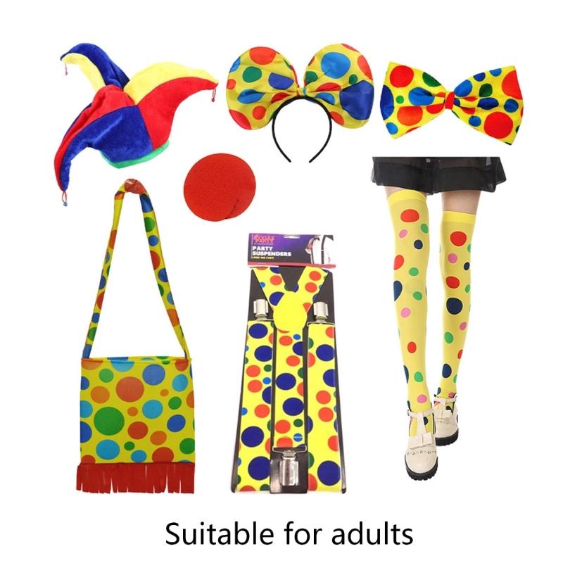 Clown Roleplay Cosplay Costume Outfit Set Halloween Clown Dress Up Gloves Necktie Gloves Vest Suspenders Stockings Bag