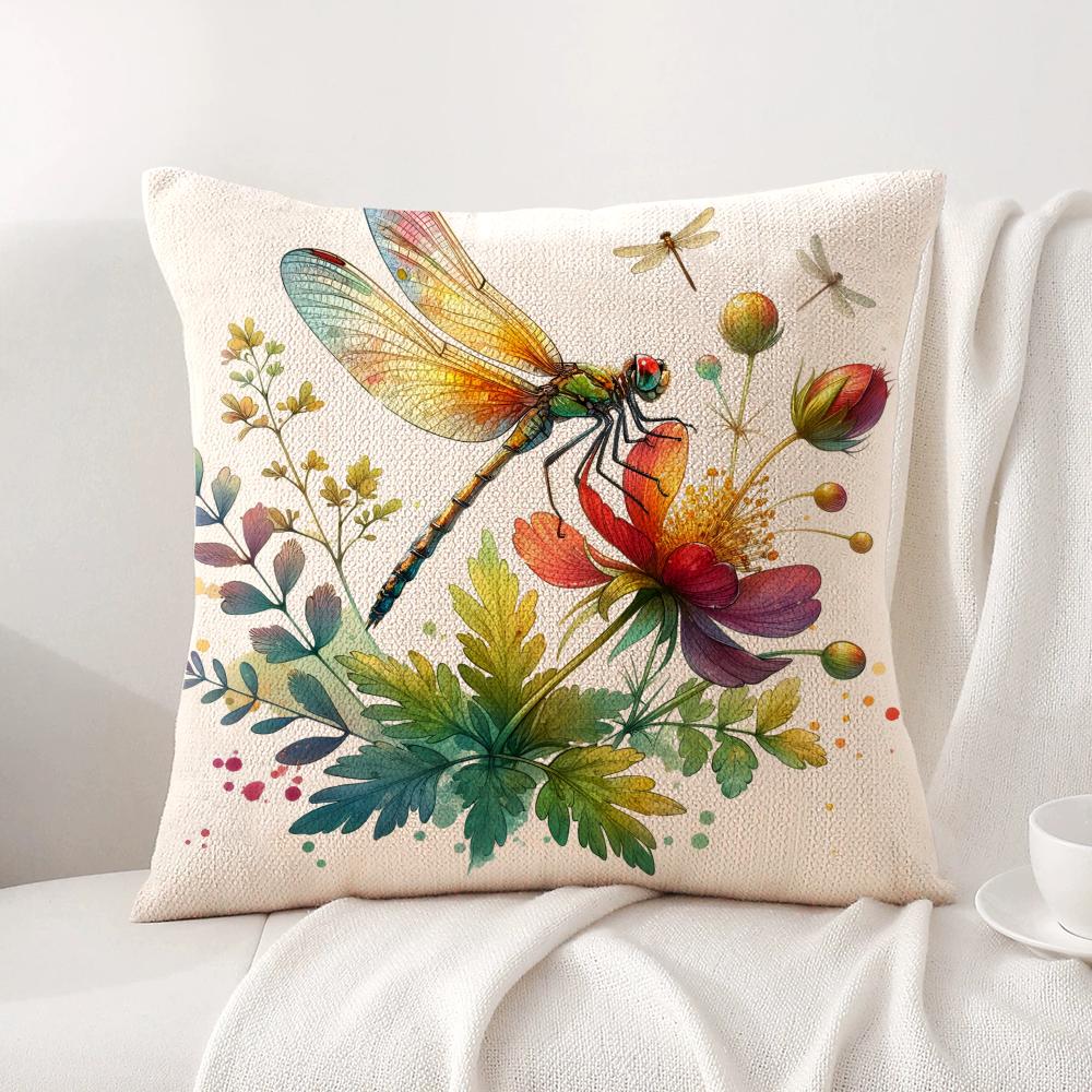 Watercolor Dragonflyflower Cushion Cover Natural Linen Organic Fabric DoubleSided Printing Sofa Home Decor Gift Pillow Cover