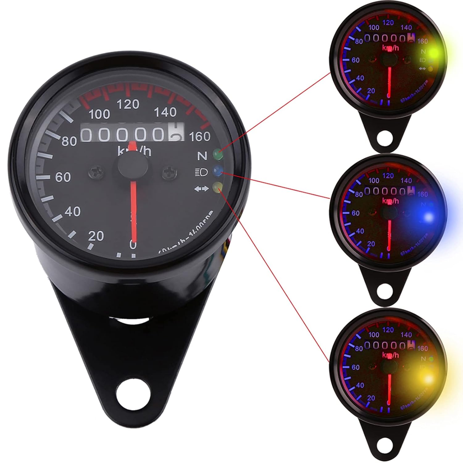 12V Universal LED Backlight Motorcycle Odometer Speedometer Gauge K/MH Single Indicator (Black)