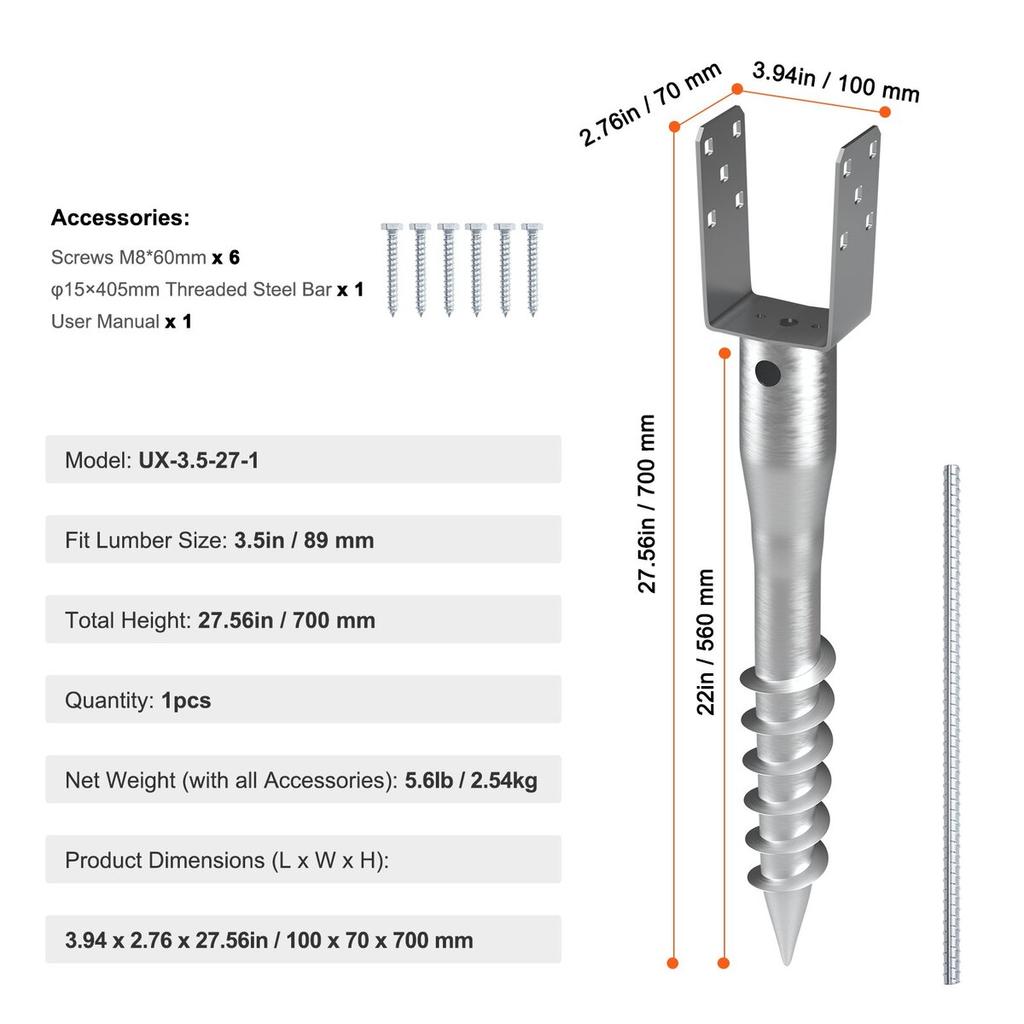 No Dig Ground Anchor, 1 Pack 3.94 X 2.76 X 27.56 In DIY Screw In Post Stake, Includes 6 Lag Bolts & a Rebar, U-Shape Heavy Duty Steel Post Holder,