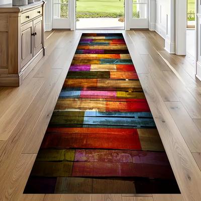 Živý koberec s kockovým vzorom, patchworkový bežecký pás, dúhový vzor v sýtych tónoch, hravá podlahová rohožka do modernej chodby