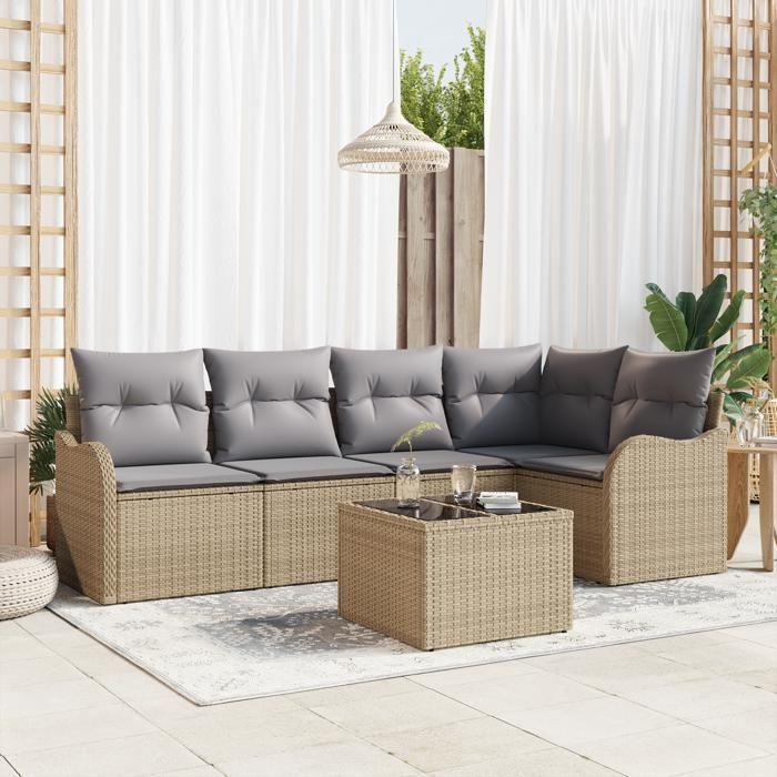 Ensemble de canapé de jardin de 6 pièces avec coussins en rotin synthétique noir, Canapé de jardin de 2 places avec coussins 3345710