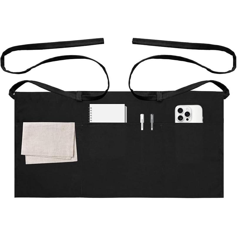 Server Aprons with 3 Pockets Waitress Waiter Waist Black Apron for Women Men Chef Kitchen Serving Cooking Baking, 1Pack, 12.6 Inch