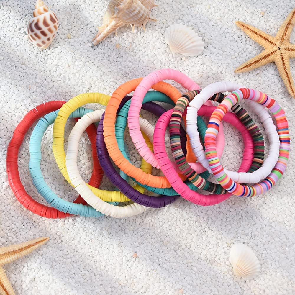 12pcs Friendship Bracelets Beaded Bracelets Heishi Bracelet Cute Bracelets Stack Vinyl Clay Disc Bead Surfer Stretch Summer Beach Bracelets For Women