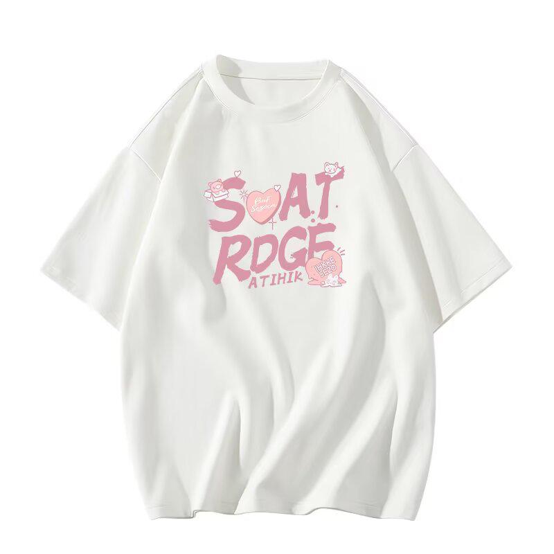 

Трендовая женская футболка с прямыми плечами и короткими рукавами в корейском стиле - Лето 2025, Высокое качество, Круглый вырез, Свободный крой для подростков. Small белый