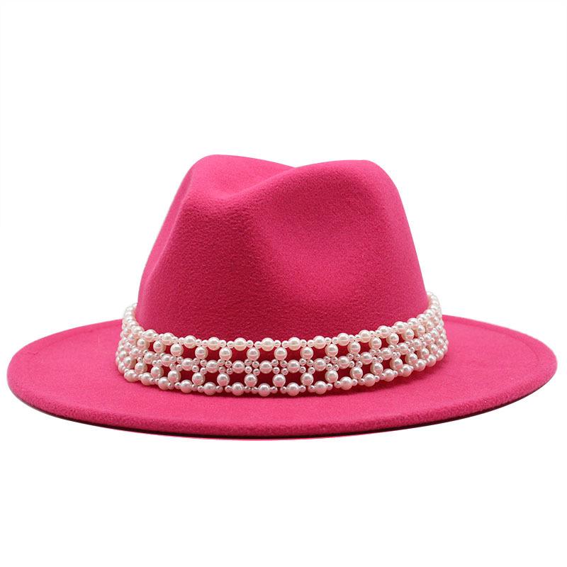 High-Grade Pearl Woolen Top Hat, Flat-Brimmed Big Eave Hat, Versatile Straight-Brimmed Jazz Hat