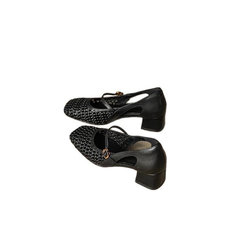 French hollow woven Mary Jane hole shoes single shoes 2025 spring and summer new square head one-word buckle with middle heel sandals