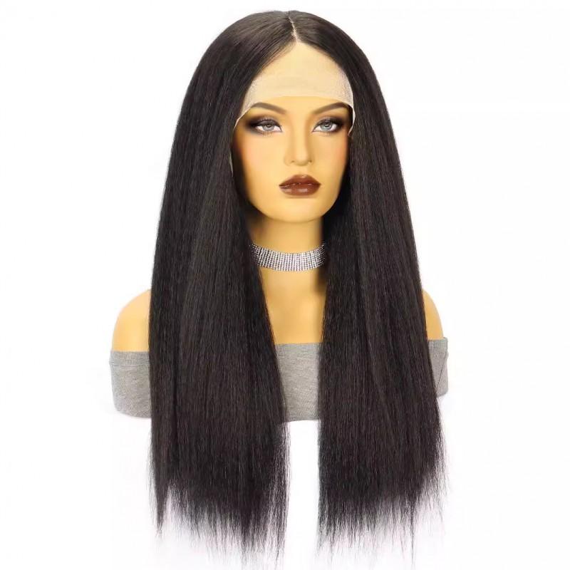 Long Straight Wig Middle Part Yaki Texture Black Synthetic Hair Women