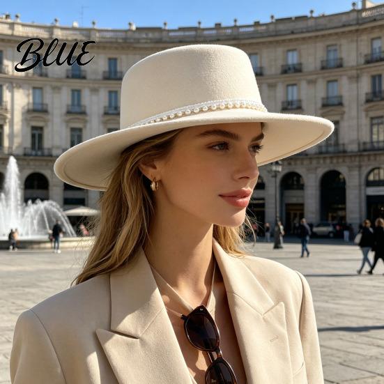 Wedding Guest Fashion Hat Wide Brim Wool Felt for Women Vintage Flat Top Fedora Classic Cap with Faux Pearl Trim Elegant Winter Autumn Accessories
