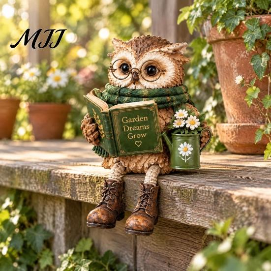 Whimsical Hanging Leg Owl Decor 2Pcs Reading Resin Figurines, Sitting Edge Bookshelf Statue with Glasses Cute Animal Statues for Mantel &