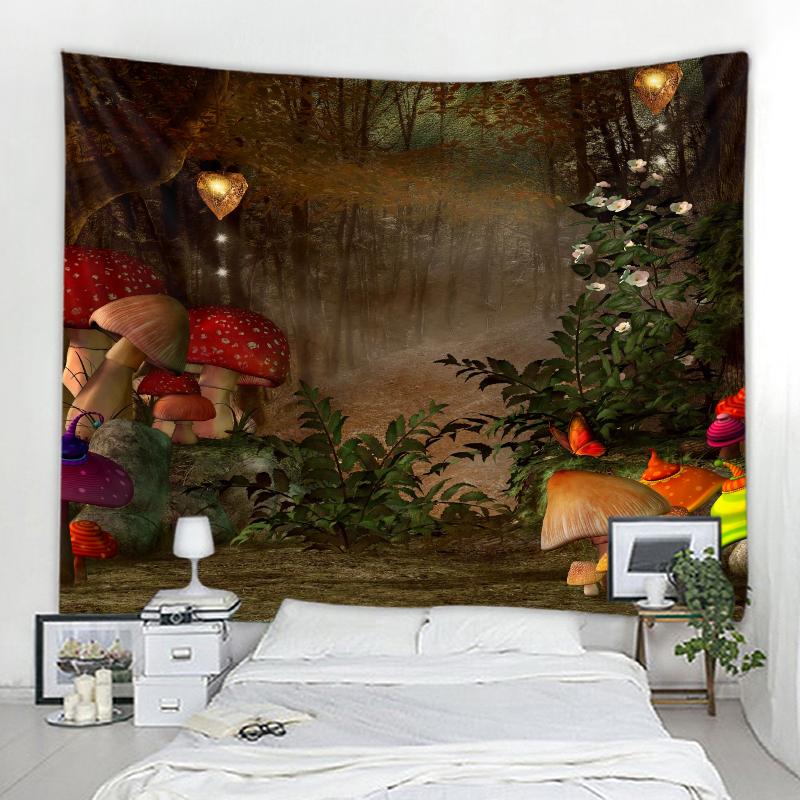 Sonnenschein Wald Landschaft Wandteppich Home Decor Wandteppich Fantasie Pilz Landschaft Mandala Böhmische Wanddekoration Wandteppich
