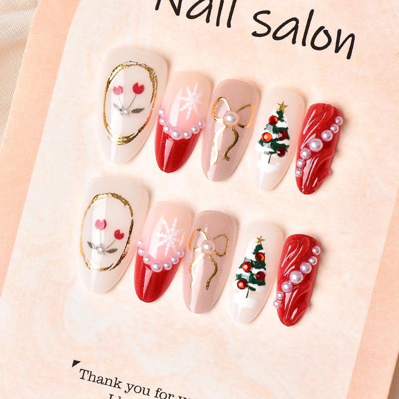 30PCS Pearl Bow Snowflake Christmas Wearable False Nail Tips (European & American Style)