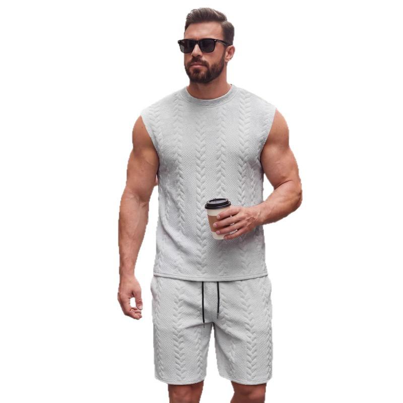 Mens Textured Sleeveless Top And Drawstring Shorts Two Piece Set