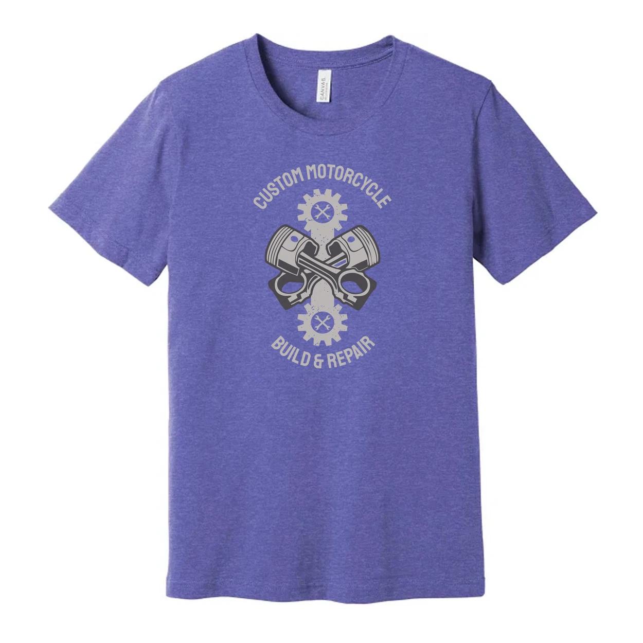 

Custom Motorcycle Build And Repair Graphic Tee With Piston And Gear Emblems For XL