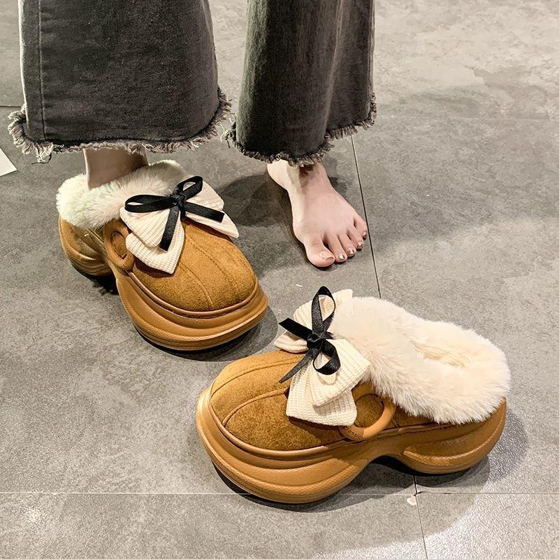 Baotou retro bow plush warm fluffy slippers women's non-slip cotton slippers women's autumn and winter new models