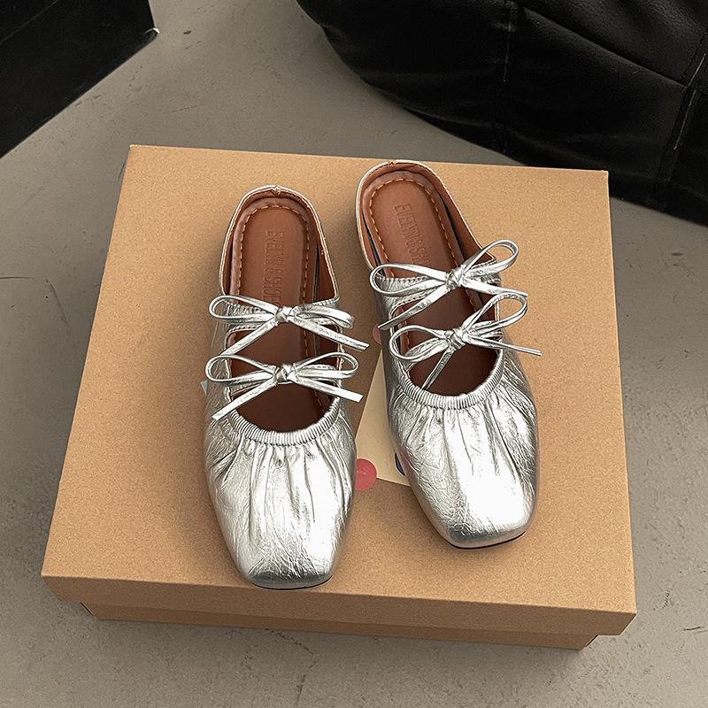 Inner height-increasing bow silver bag head half-drag women's shoes fashionable outer wear 2025 new summer Mary Jane sandals