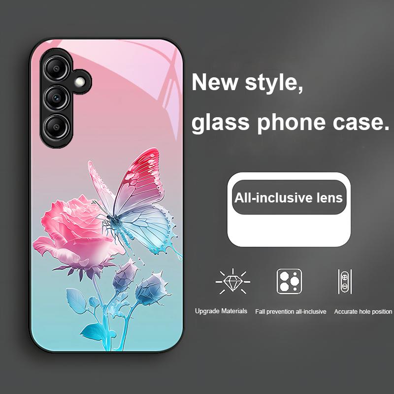 Glass Phone Case For Samsung Galaxy A01 A02 03 Core A04 A14 4G A13 54 34 31 20 25 23 22 5G S21 Ultra S20 Butterfly Gradient Blue